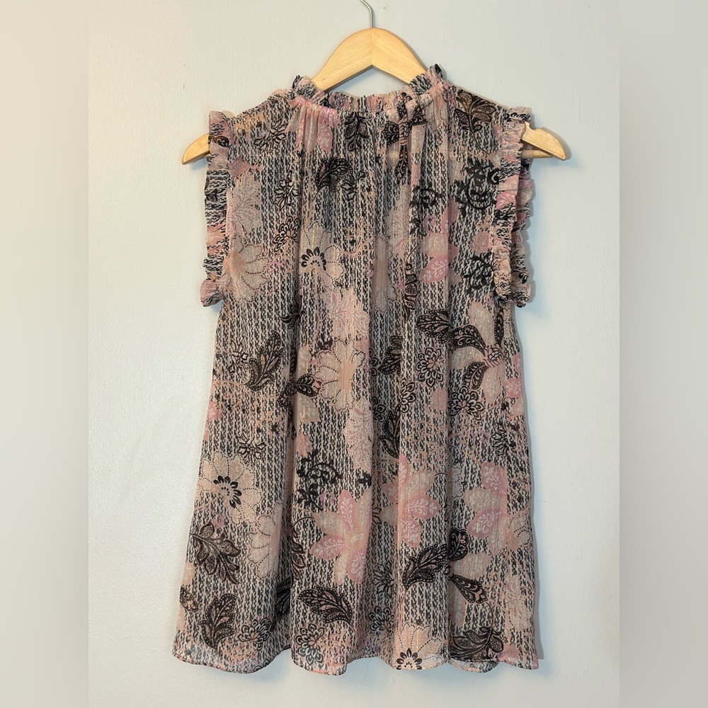 Floral Ruffle Sleeveless Blouse - Pink/Black Sheer Y2K Size Small - Picture 2 of 6